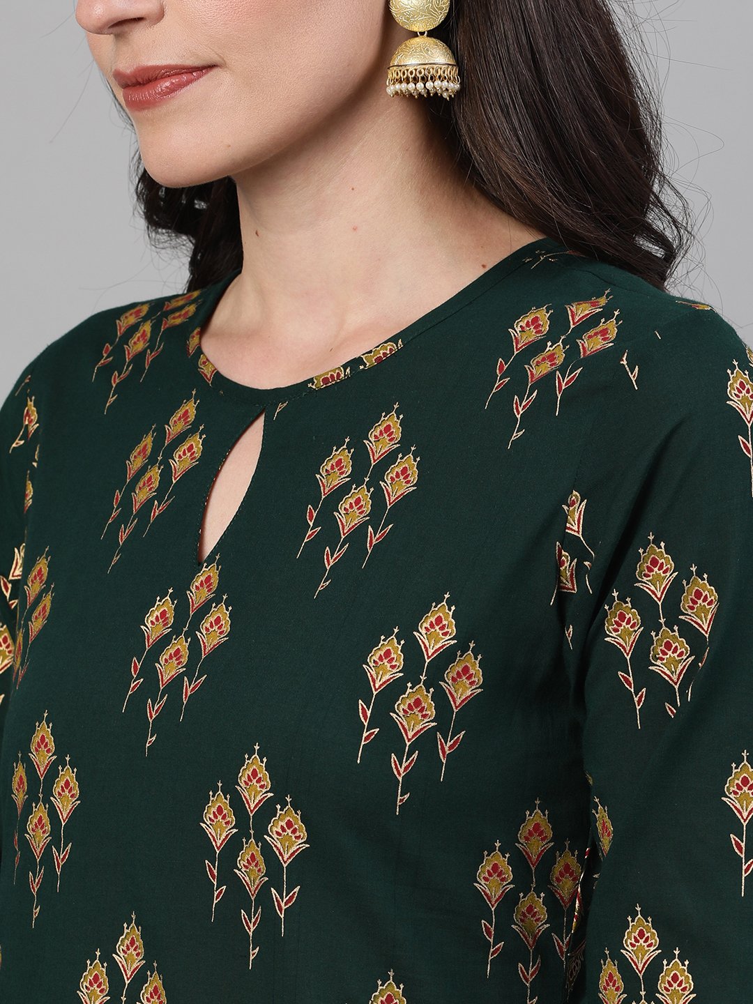 Women Green Gold Printed Three-Quarter Sleeves Straight Kurta With Palazzo and Dupatta with pockets And Face Mask | NOZ2TOZ - Made In INDIA.