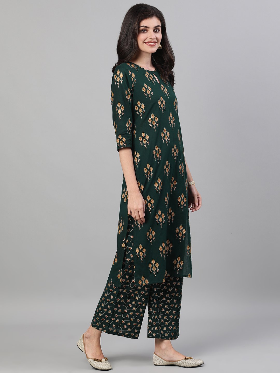 Women Green Gold Printed Three-Quarter Sleeves Straight Kurta With Palazzo and Dupatta with pockets And Face Mask | NOZ2TOZ - Made In INDIA.