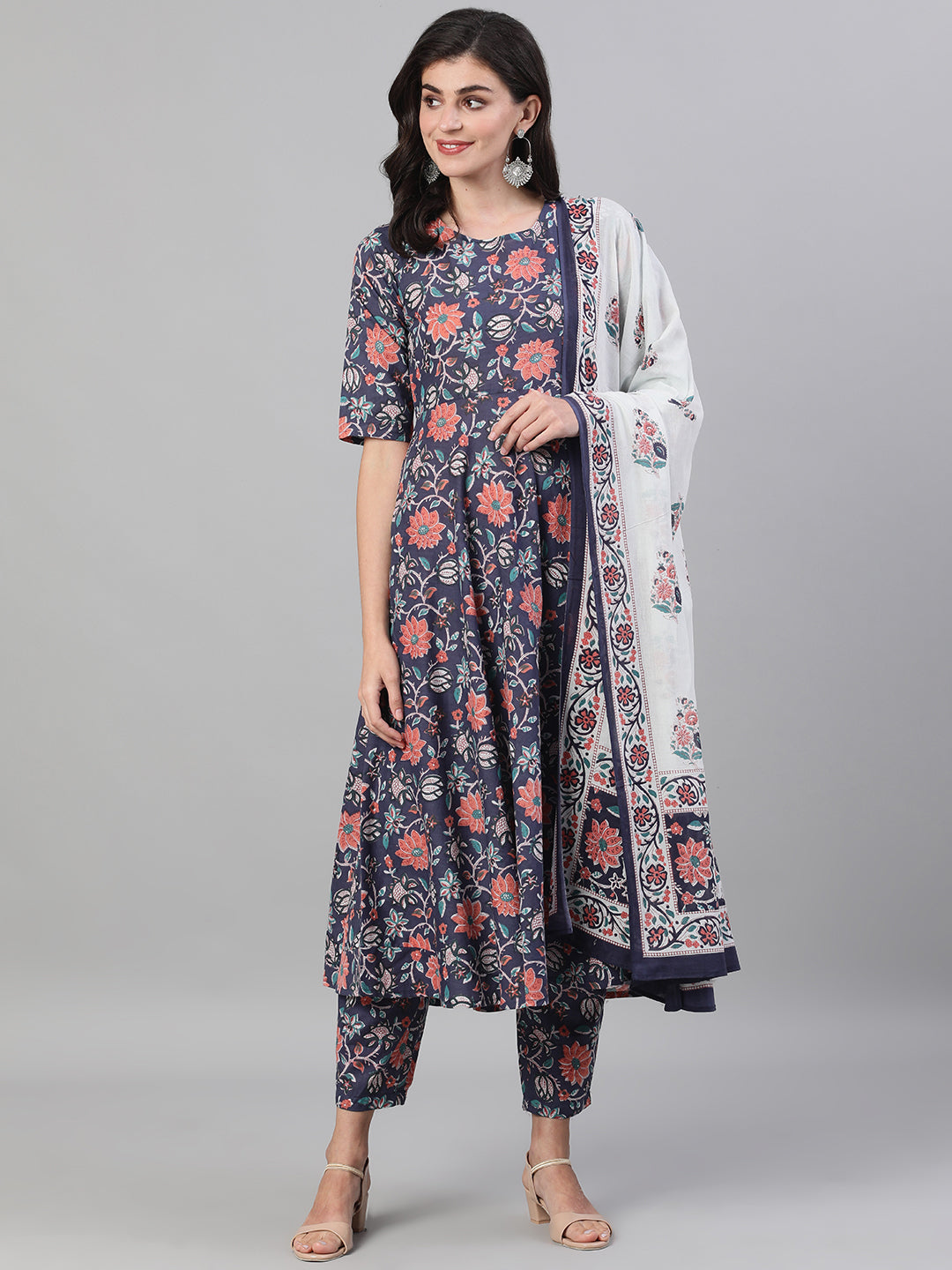 Women Blue Three-Quarter Sleeves Flared Kurta With Palazzo and Dupatta with pockets And Face Mask | NOZ2TOZ - Made In INDIA.