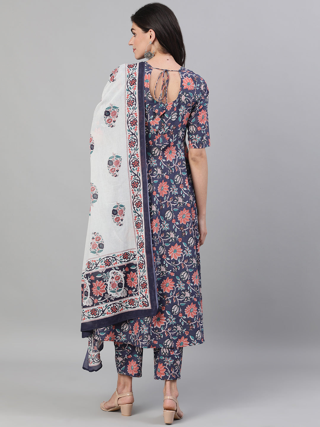 Women Blue Three-Quarter Sleeves Flared Kurta With Palazzo and Dupatta with pockets And Face Mask | NOZ2TOZ - Made In INDIA.