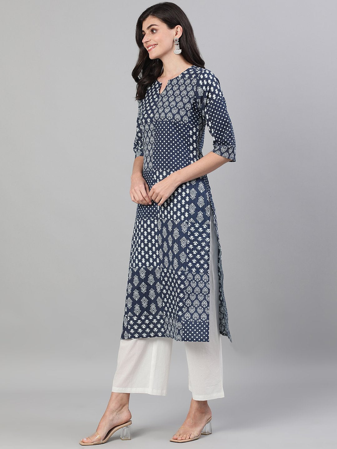 Women Indigo Calf Length Three-Quarter Sleeves Straight Ethnic Motif Printed Cotton Kurta with pockets | NOZ2TOZ - Made In INDIA.