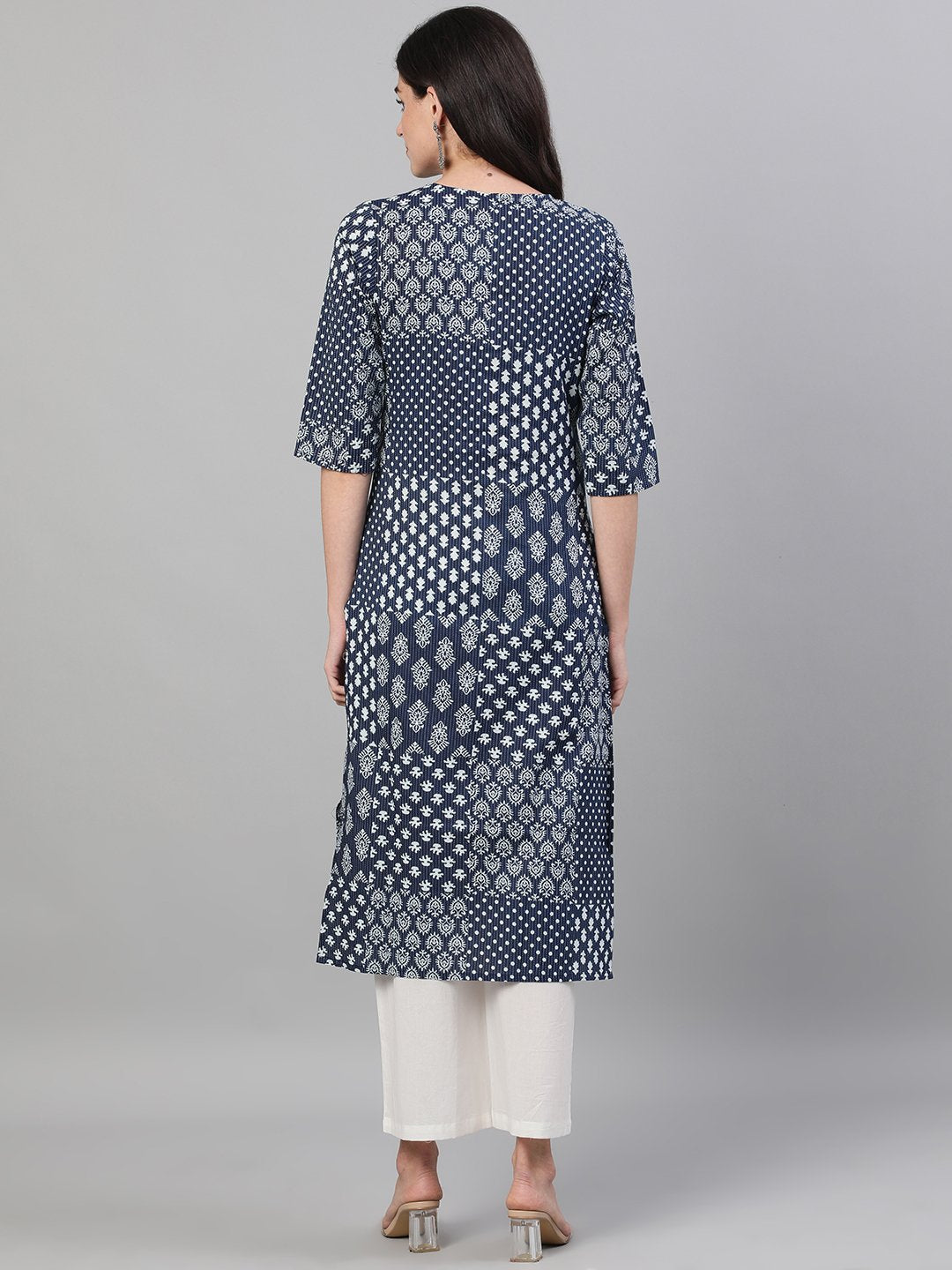 Women Indigo Calf Length Three-Quarter Sleeves Straight Ethnic Motif Printed Cotton Kurta with pockets | NOZ2TOZ - Made In INDIA.