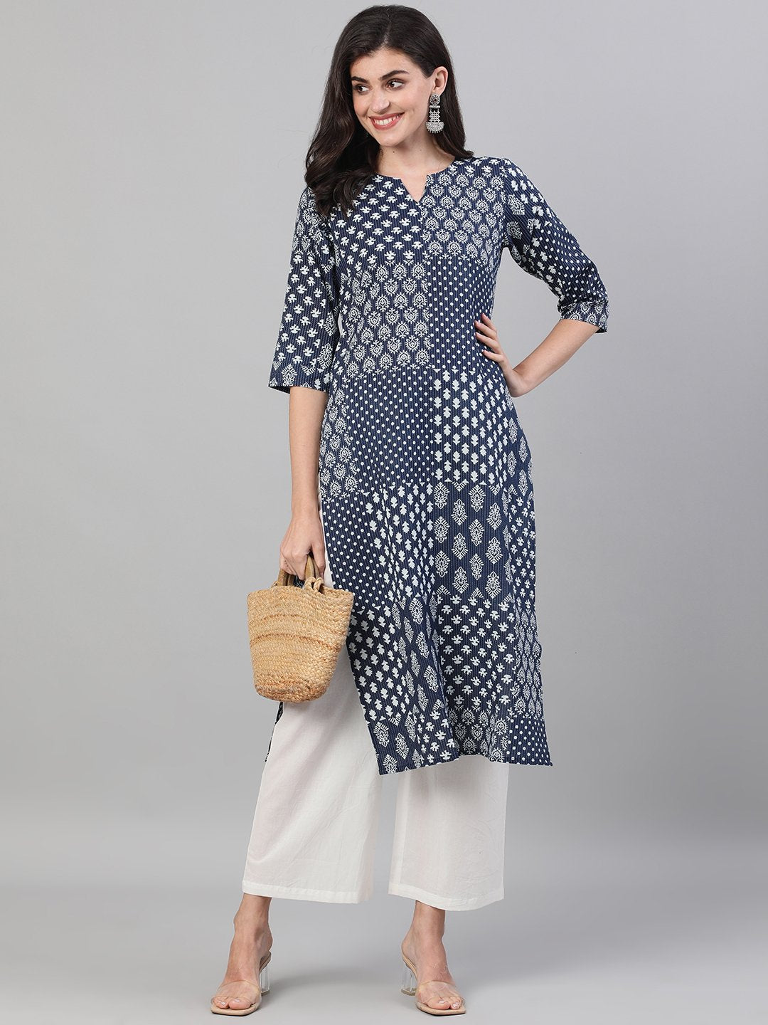 Women Indigo Calf Length Three-Quarter Sleeves Straight Ethnic Motif Printed Cotton Kurta with pockets | NOZ2TOZ - Made In INDIA.