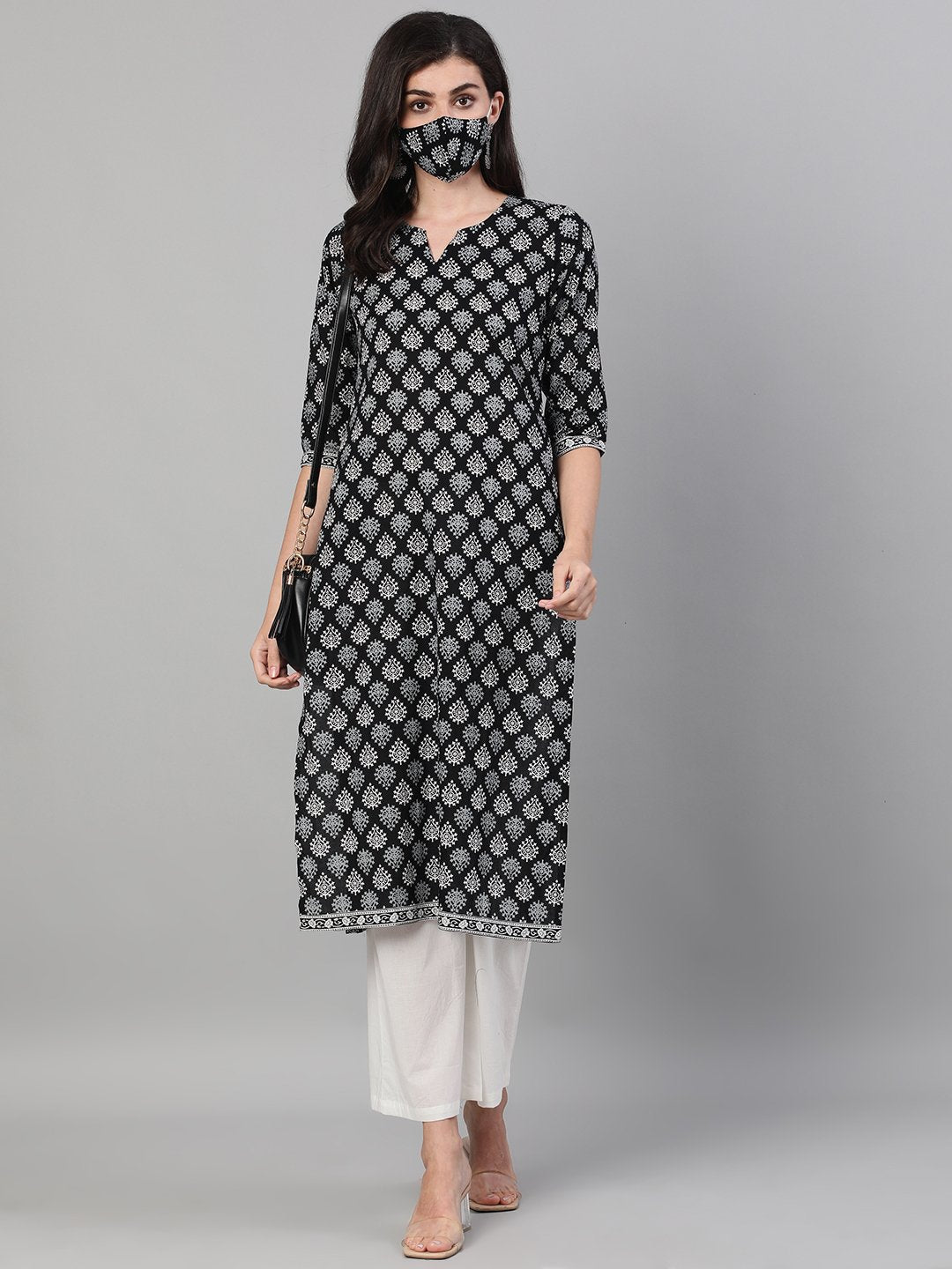 Women Black Calf Length Three-Quarter Sleeves Straight Ethnic Motif Printed Cotton Kurta with pockets And Face Mask | NOZ2TOZ - Made In INDIA.