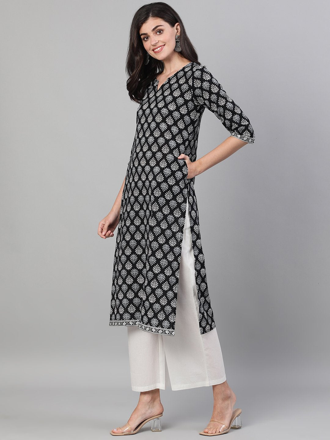 Women Black Calf Length Three-Quarter Sleeves Straight Ethnic Motif Printed Cotton Kurta with pockets And Face Mask | NOZ2TOZ - Made In INDIA.