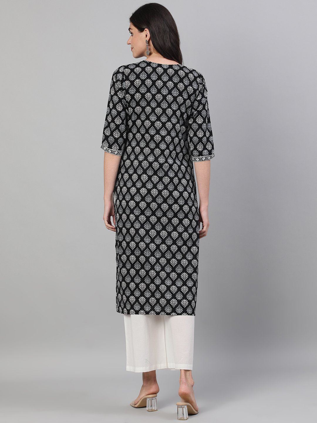 Women Black Calf Length Three-Quarter Sleeves Straight Ethnic Motif Printed Cotton Kurta with pockets And Face Mask | NOZ2TOZ - Made In INDIA.