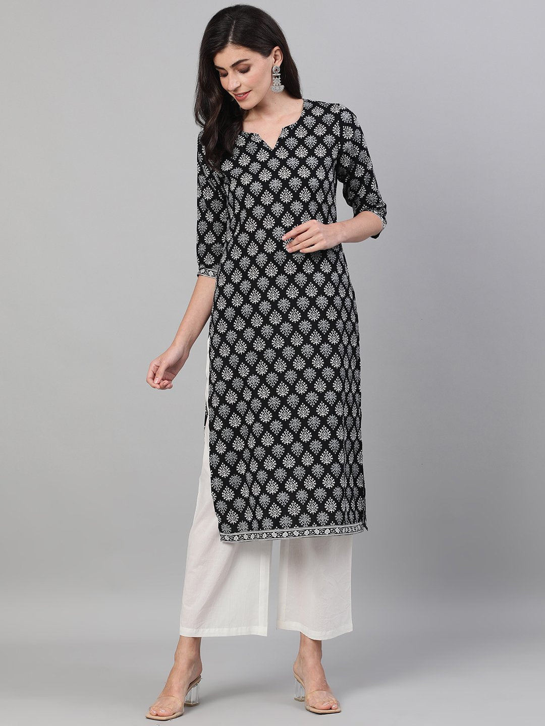 Women Black Calf Length Three-Quarter Sleeves Straight Ethnic Motif Printed Cotton Kurta with pockets And Face Mask | NOZ2TOZ - Made In INDIA.