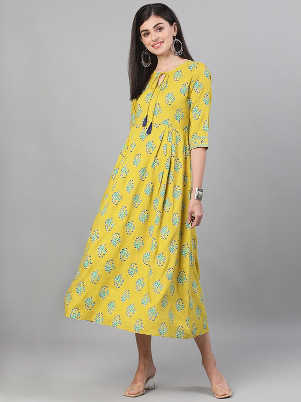 Women Green Printed Round Neck Viscose Rayon Fit and Flare Dress with pockets | NOZ2TOZ - Made In INDIA.