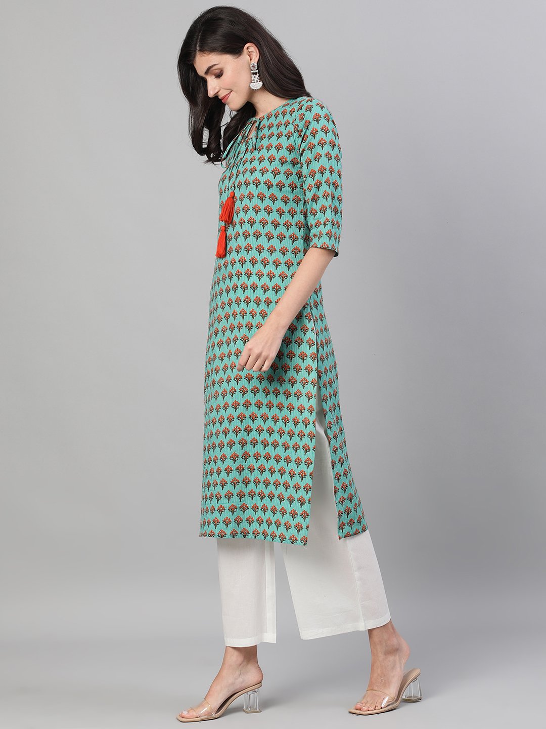 Women Green Calf Length Three-Quarter Sleeves Straight Floral Printed Cotton Kurta with pockets | NOZ2TOZ - Made In INDIA.