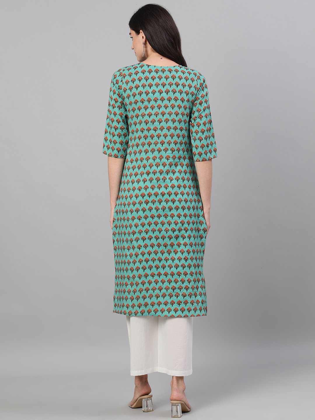 Women Green Calf Length Three-Quarter Sleeves Straight Floral Printed Cotton Kurta with pockets | NOZ2TOZ - Made In INDIA.