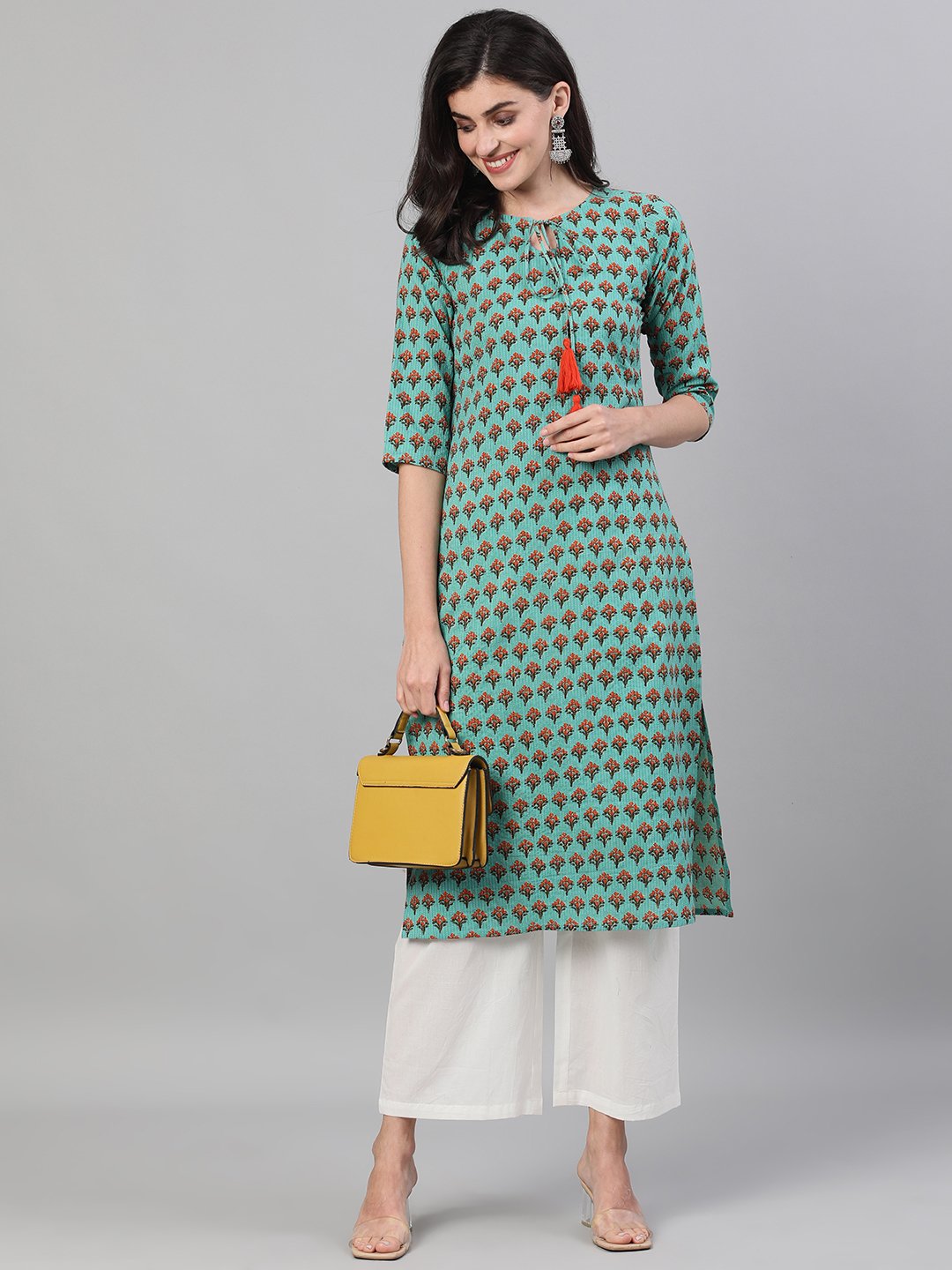 Women Green Calf Length Three-Quarter Sleeves Straight Floral Printed Cotton Kurta with pockets | NOZ2TOZ - Made In INDIA.