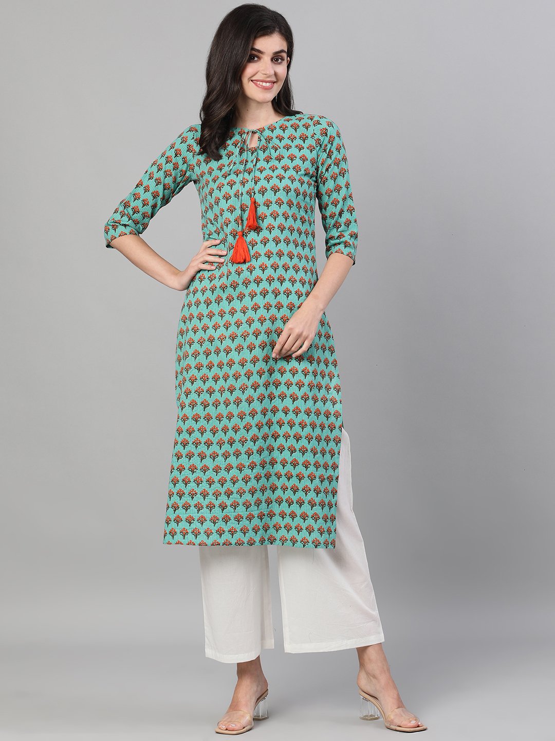 Women Green Three-Quarter Sleeves Straight Kurta With Palazzo with pockets | NOZ2TOZ - Made In INDIA.