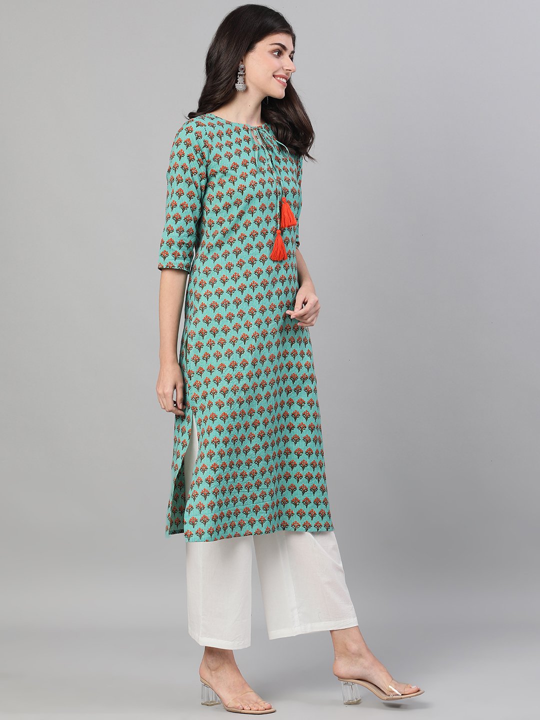 Women Green Three-Quarter Sleeves Straight Kurta With Palazzo with pockets | NOZ2TOZ - Made In INDIA.