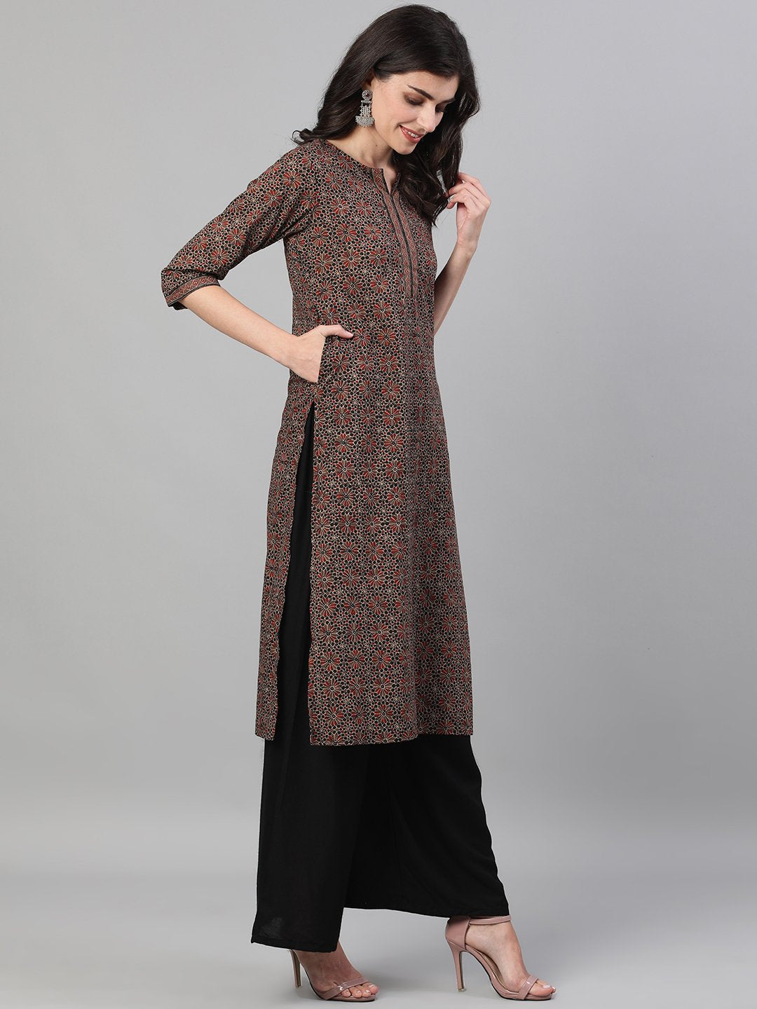 Women Brown Calf Length Three-Quarter Sleeves Straight Ethnic Motif Printed Cotton Kurta with pockets And Face Mask | NOZ2TOZ - Made In INDIA.