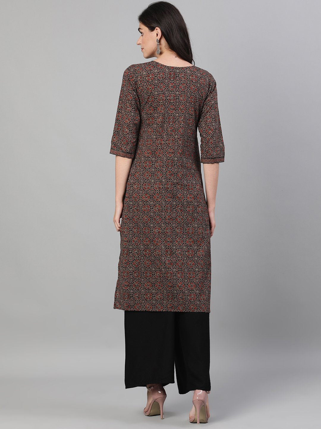 Women Brown Calf Length Three-Quarter Sleeves Straight Ethnic Motif Printed Cotton Kurta with pockets And Face Mask | NOZ2TOZ - Made In INDIA.