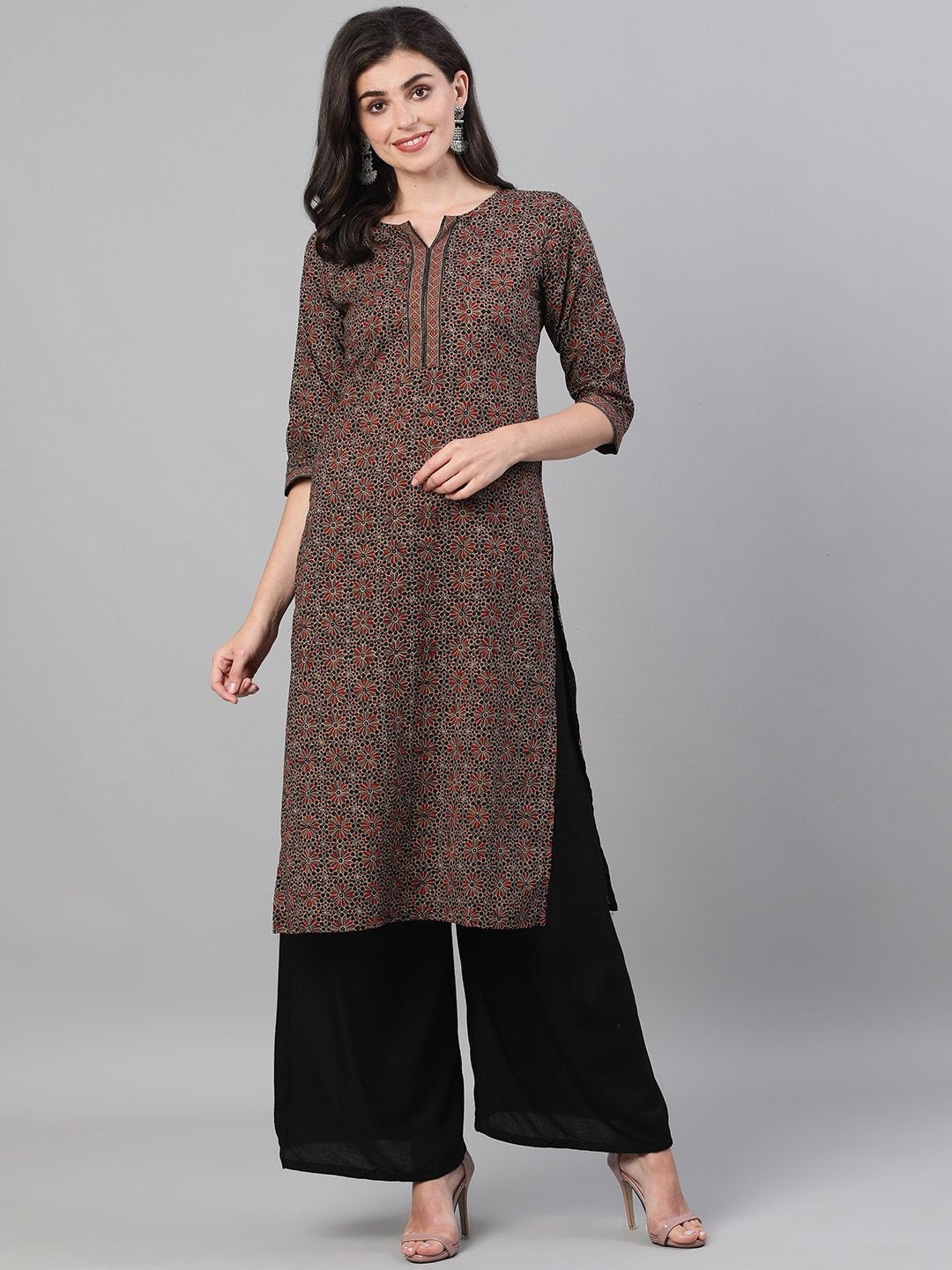 Women Brown Calf Length Three-Quarter Sleeves Straight Ethnic Motif Printed Cotton Kurta with pockets And Face Mask | NOZ2TOZ - Made In INDIA.