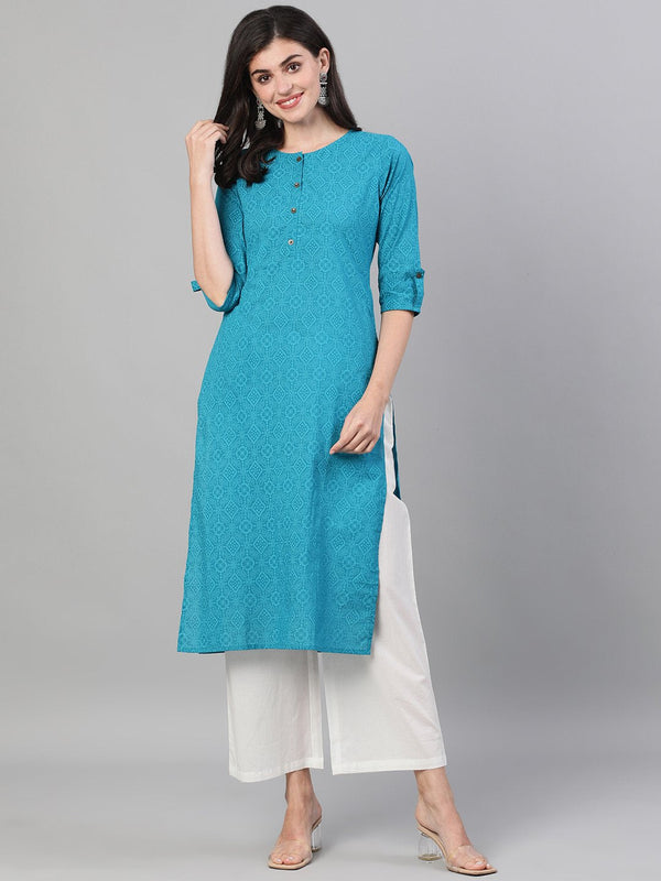 Women Firozi Three-Quarter Sleeves Straight Kurta With Palazzo with pockets | NOZ2TOZ - Made In INDIA.