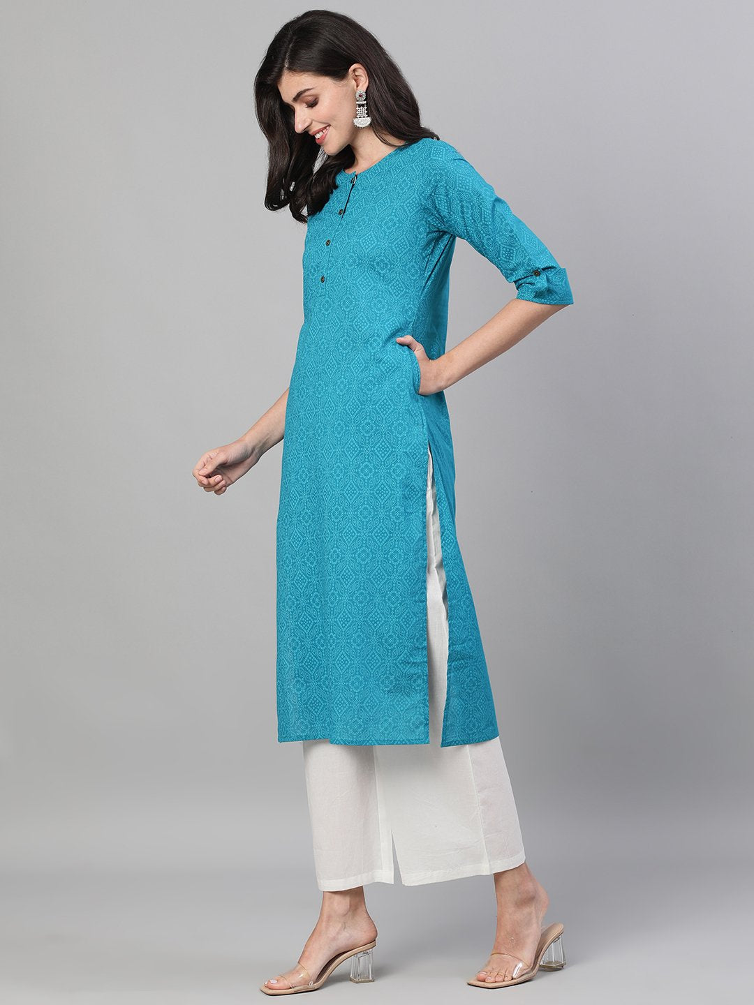 Women Firozi Three-Quarter Sleeves Straight Kurta With Palazzo with pockets | NOZ2TOZ - Made In INDIA.