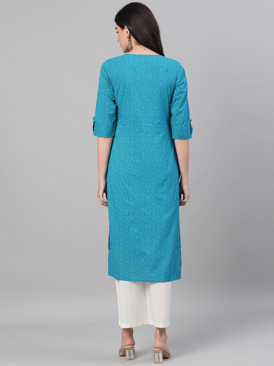 Women Firozi Three-Quarter Sleeves Straight Kurta With Palazzo with pockets | NOZ2TOZ - Made In INDIA.