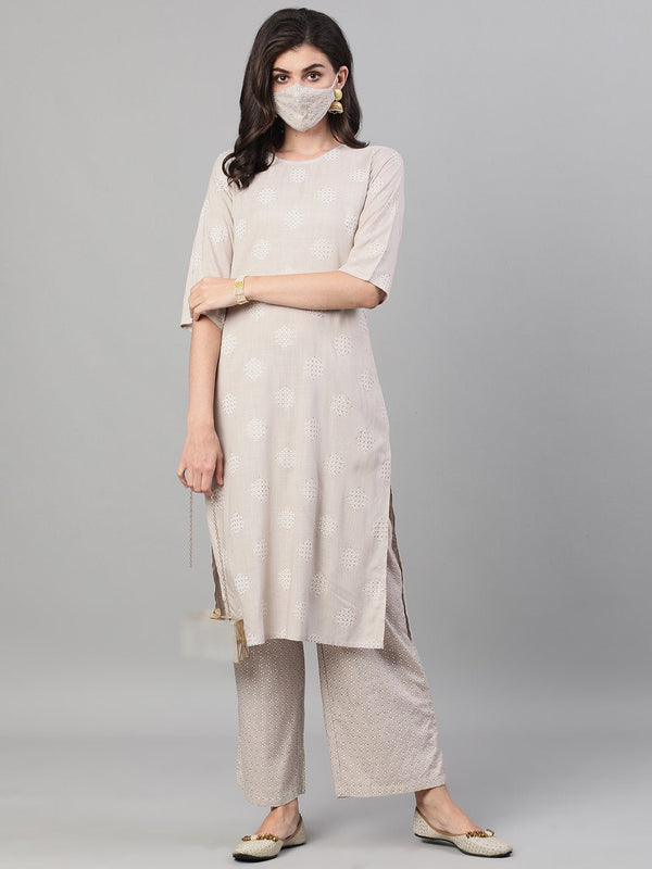 Women Taupe Three-Quarter Sleeves Straight Kurta With Palazzo with pockets And Face Mask | NOZ2TOZ - Made In INDIA.