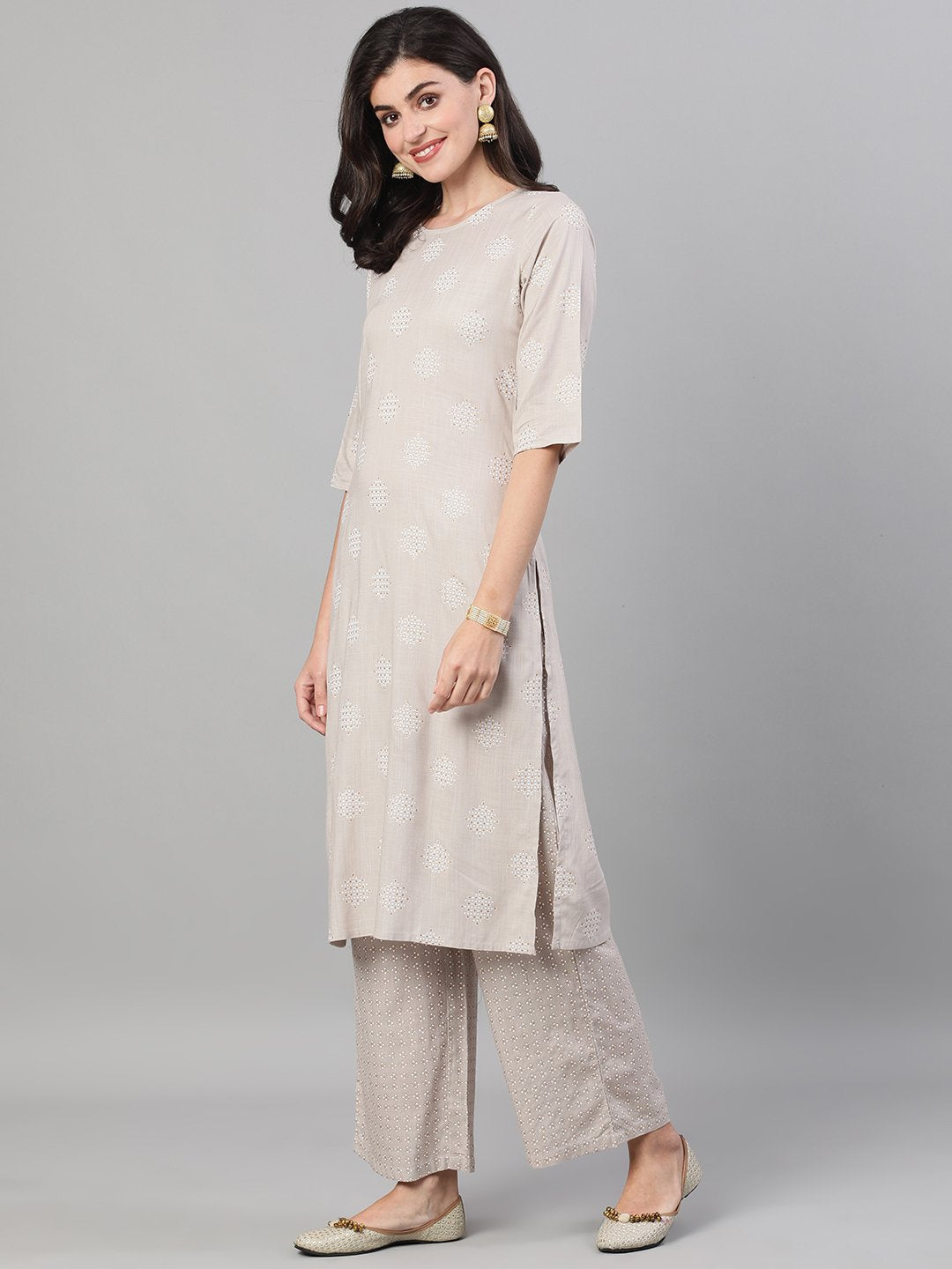 Women Taupe Three-Quarter Sleeves Straight Kurta With Palazzo with pockets And Face Mask | NOZ2TOZ - Made In INDIA.