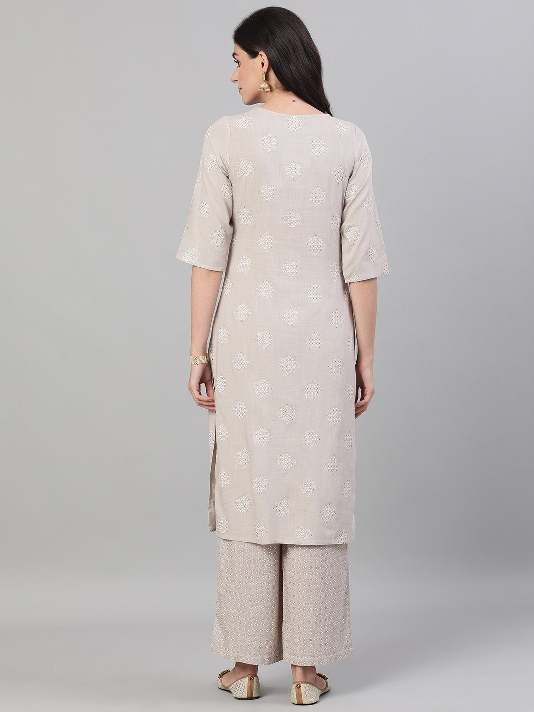 Women Taupe Three-Quarter Sleeves Straight Kurta With Palazzo with pockets And Face Mask | NOZ2TOZ - Made In INDIA.