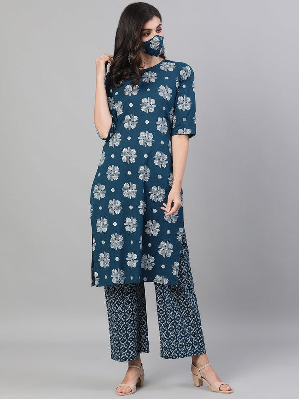 Women Blue Three-Quarter Sleeves Straight Kurta With Palazzo with pockets And Face Mask | NOZ2TOZ - Made In INDIA.