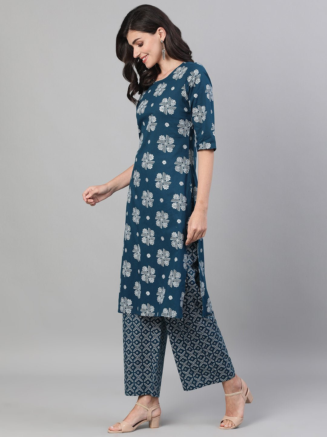 Women Blue Three-Quarter Sleeves Straight Kurta With Palazzo with pockets And Face Mask | NOZ2TOZ - Made In INDIA.