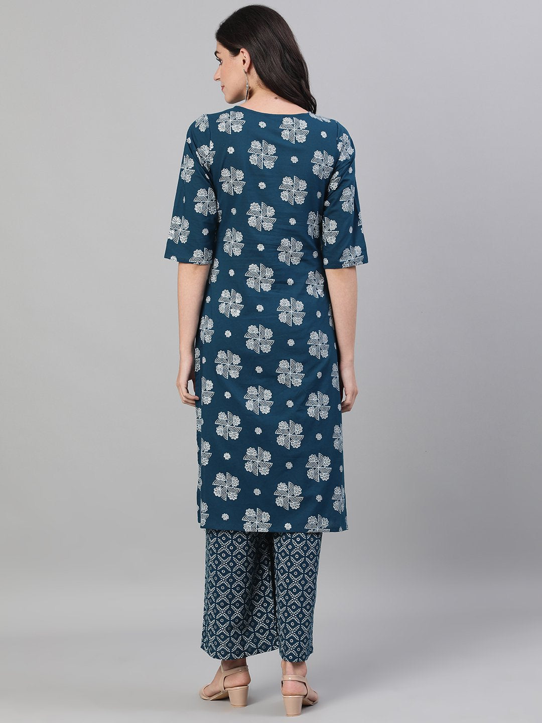 Women Blue Three-Quarter Sleeves Straight Kurta With Palazzo with pockets And Face Mask | NOZ2TOZ - Made In INDIA.