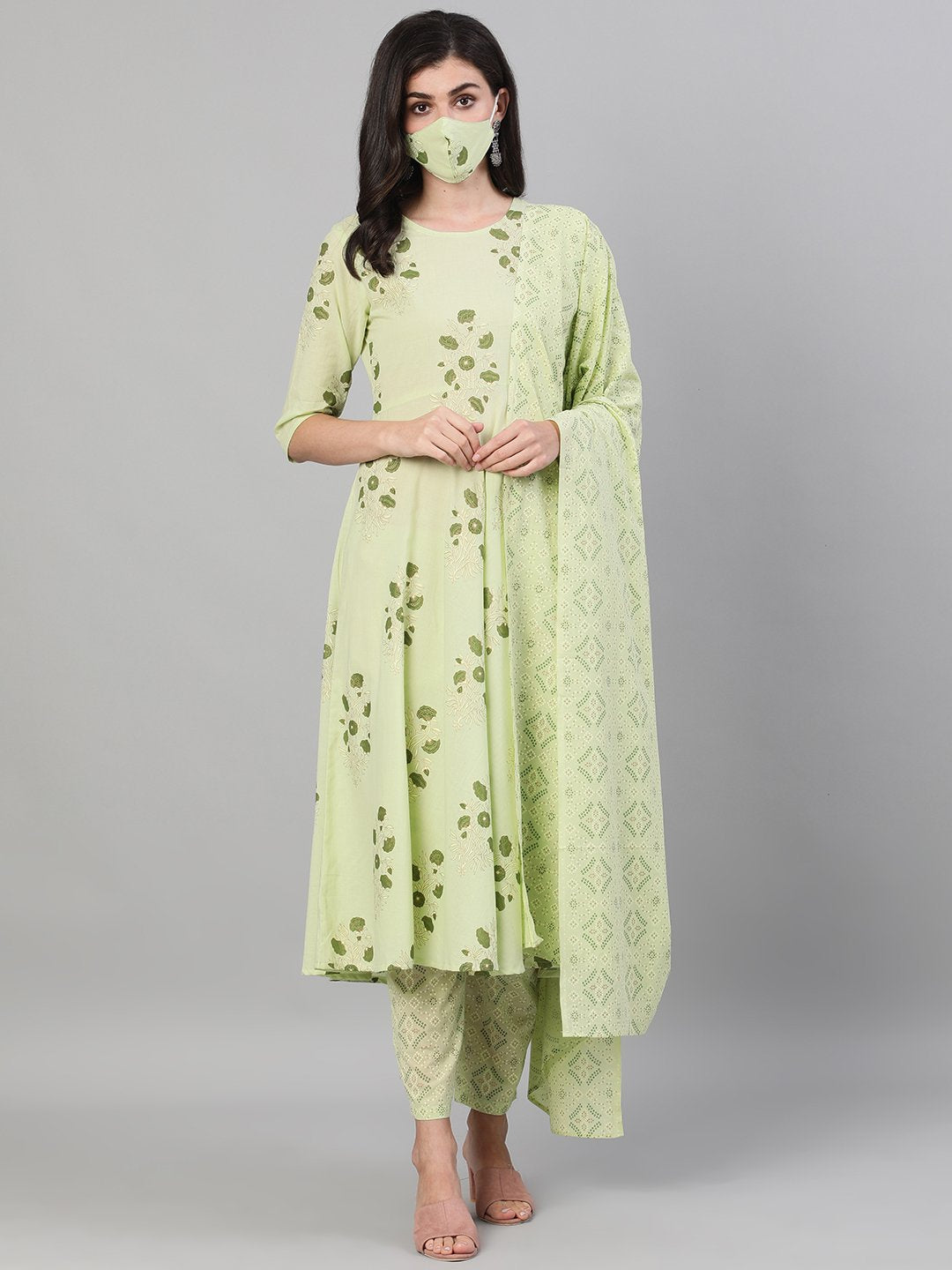 Women Green Three-Quarter Sleeves Straight Kurta With Palazzo and Dupatta with pockets And Face Mask | NOZ2TOZ - Made In INDIA.