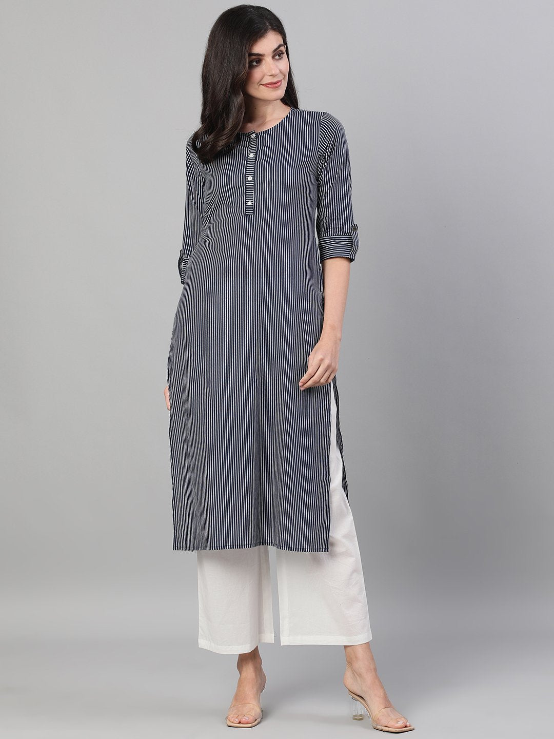 Women Navy Blue Calf Length Three-Quarter Sleeves Straight Striped Printed Cotton Kurta with pockets | NOZ2TOZ - Made In INDIA.