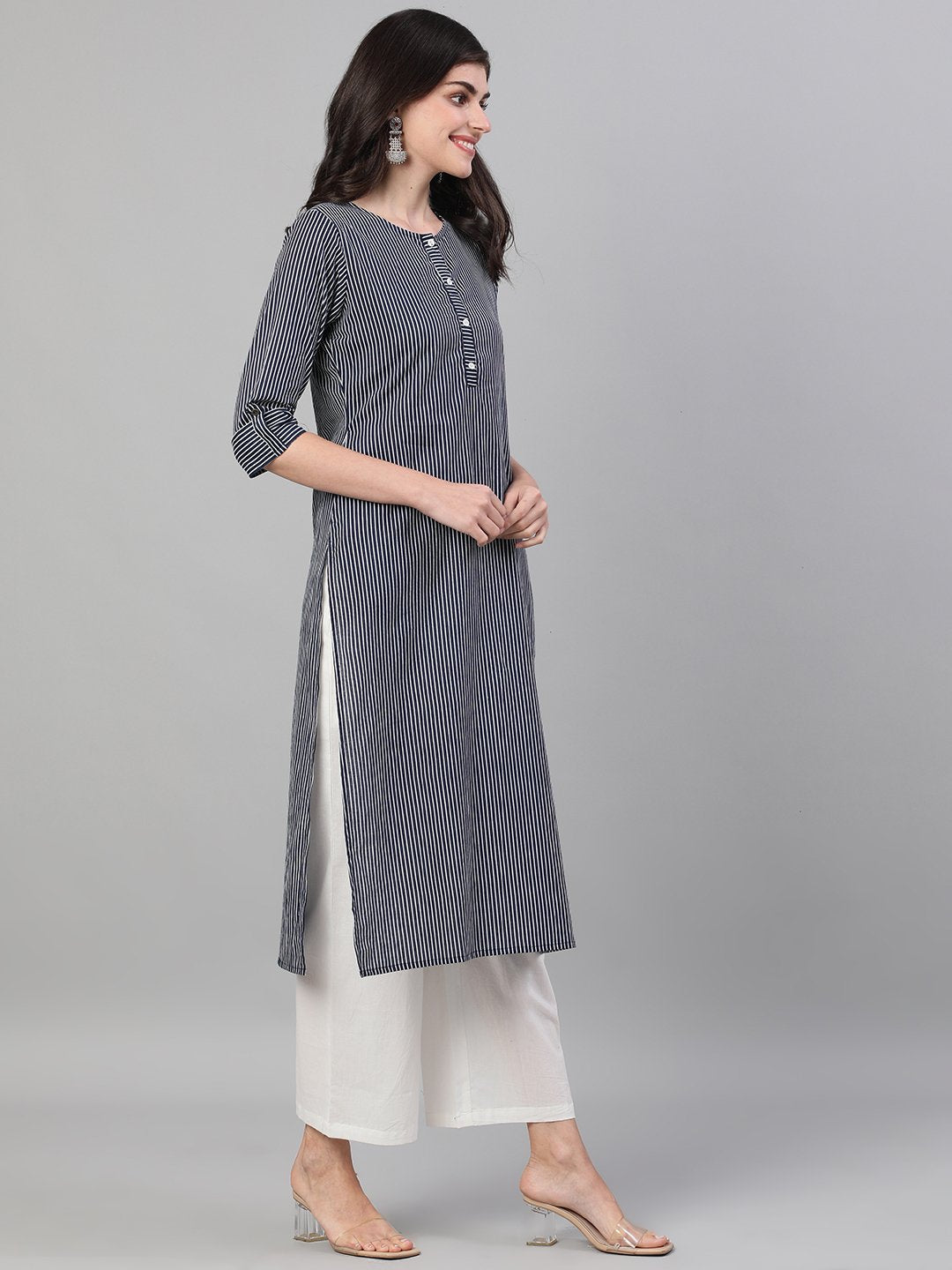 Women Navy Blue Calf Length Three-Quarter Sleeves Straight Striped Printed Cotton Kurta with pockets | NOZ2TOZ - Made In INDIA.