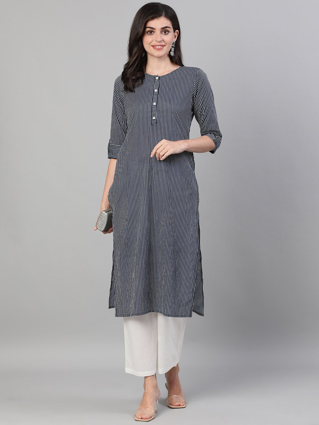 Women Navy Blue Calf Length Three-Quarter Sleeves Straight Striped Printed Cotton Kurta with pockets | NOZ2TOZ - Made In INDIA.