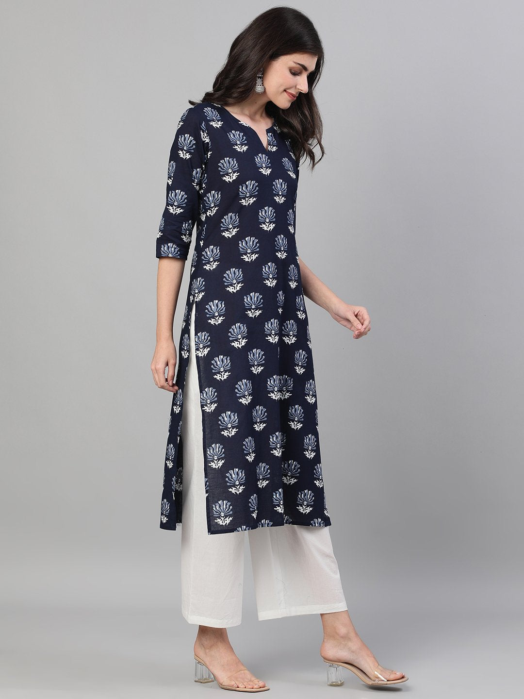 Women Indigo Calf Length Three-Quarter Sleeves Straight Floral Printed Cotton Kurta with pockets And Face Mask | NOZ2TOZ - Made In INDIA.