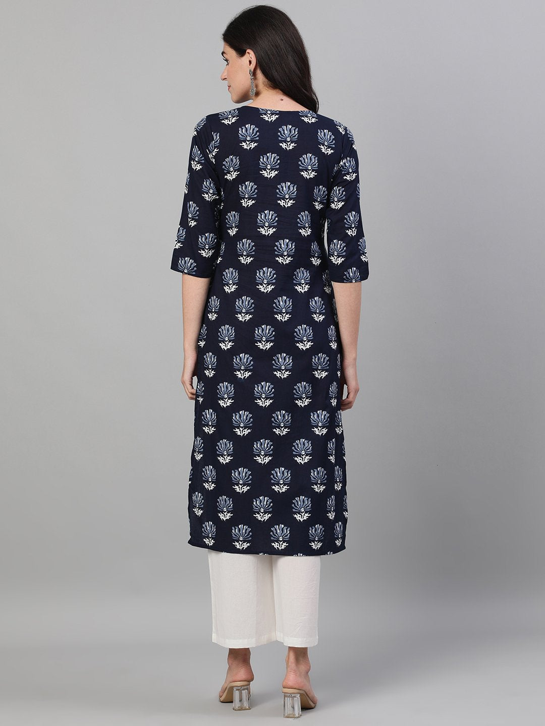 Women Indigo Calf Length Three-Quarter Sleeves Straight Floral Printed Cotton Kurta with pockets And Face Mask | NOZ2TOZ - Made In INDIA.