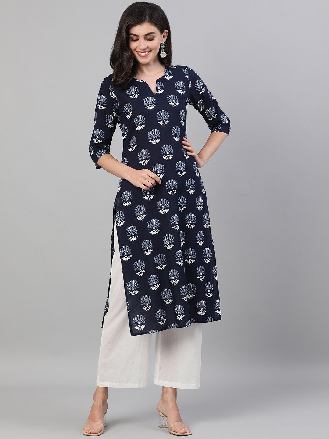 Women Indigo Calf Length Three-Quarter Sleeves Straight Floral Printed Cotton Kurta with pockets And Face Mask | NOZ2TOZ - Made In INDIA.