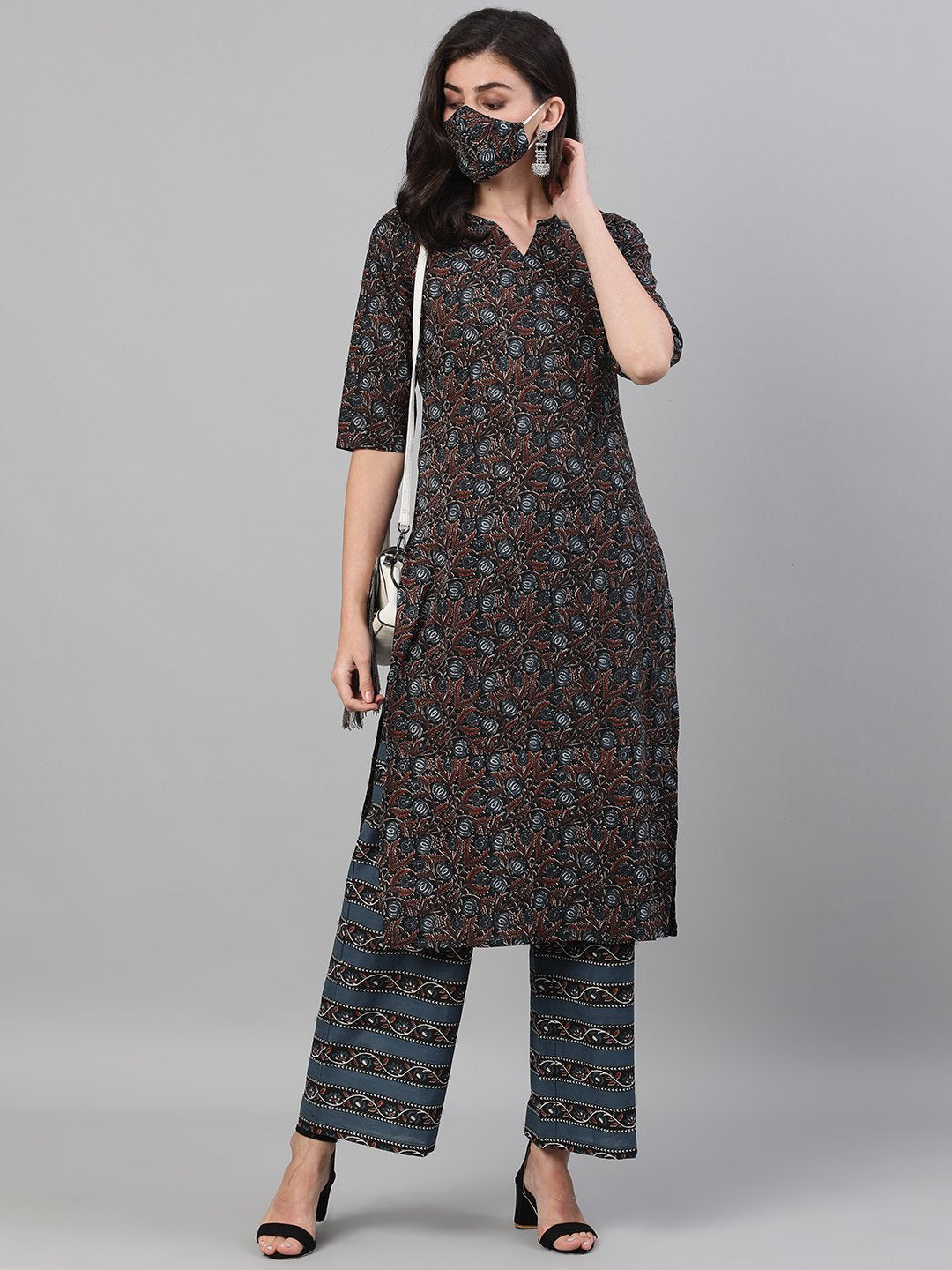 Women Brown and Blue Three-Quarter Sleeves Straight Kurta With Palazzo with pockets And Face Mask | NOZ2TOZ - Made In INDIA.