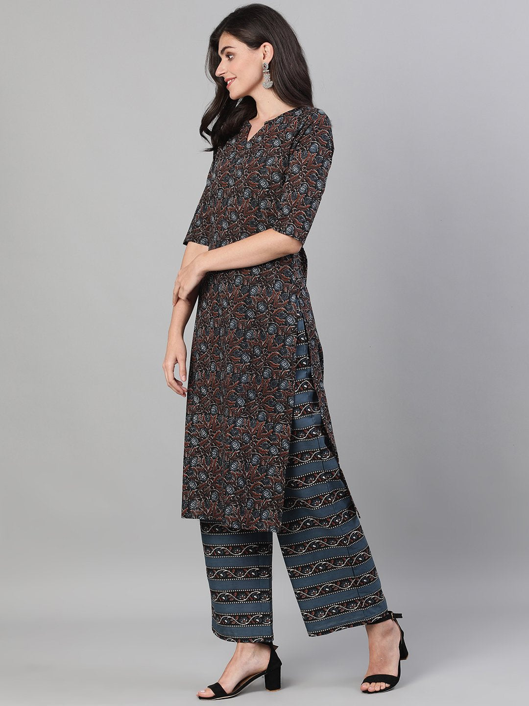 Women Brown and Blue Three-Quarter Sleeves Straight Kurta With Palazzo with pockets And Face Mask | NOZ2TOZ - Made In INDIA.