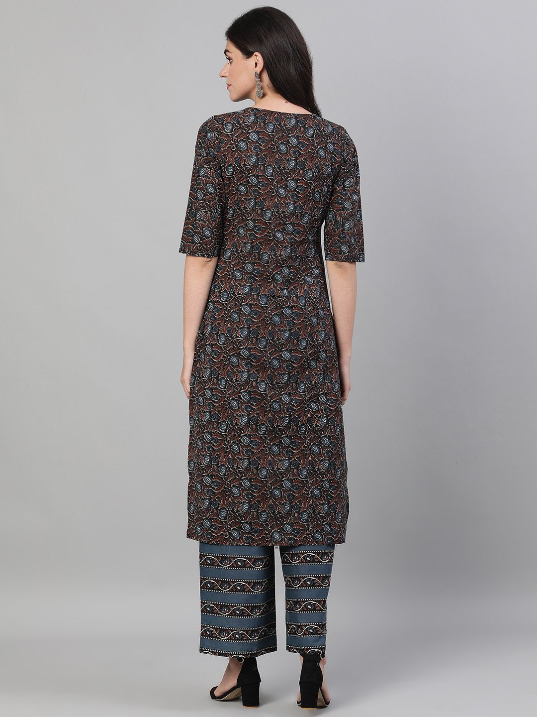 Women Brown and Blue Three-Quarter Sleeves Straight Kurta With Palazzo with pockets And Face Mask | NOZ2TOZ - Made In INDIA.