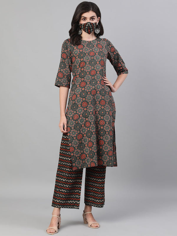 Women Green and Orange Three-Quarter Sleeves Straight Kurta With Palazzo with pockets And Face Mask | NOZ2TOZ - Made In INDIA.