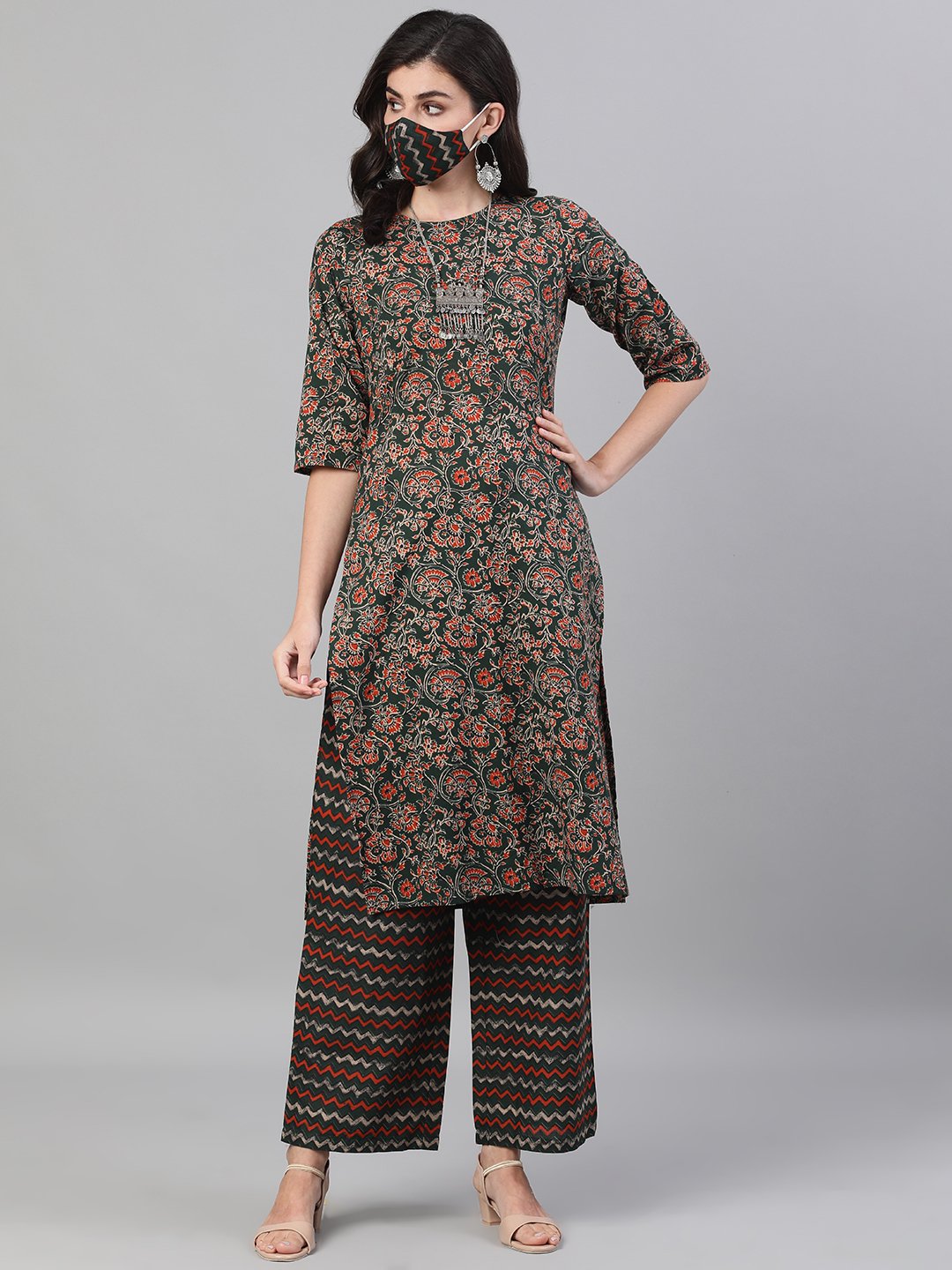 Women Green and Orange Three-Quarter Sleeves Straight Kurta With Palazzo with pockets And Face Mask | NOZ2TOZ - Made In INDIA.