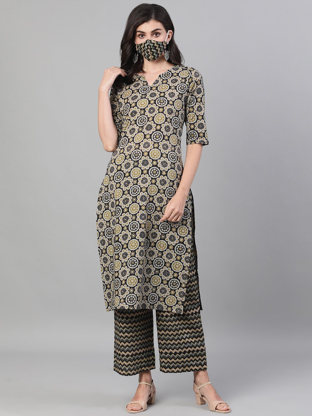 Women Black and GreenThree-Quarter Sleeves Straight Kurta With Palazzo with pockets And Face Mask | NOZ2TOZ - Made In INDIA.