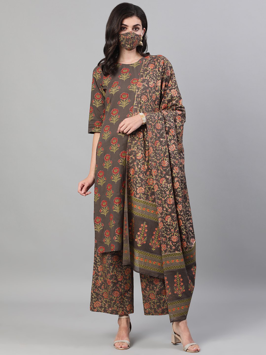 Women Grey and Orange Gold Printed Three-Quarter Sleeves Straight Kurta With Palazzo and Dupatta with pockets And Face Mask | NOZ2TOZ - Made In INDIA.