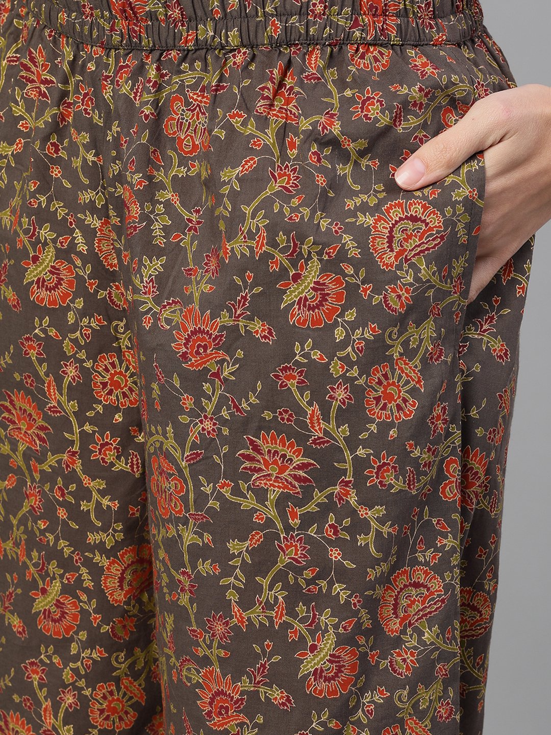 Women Grey and Orange Gold Printed Three-Quarter Sleeves Straight Kurta With Palazzo and Dupatta with pockets And Face Mask | NOZ2TOZ - Made In INDIA.