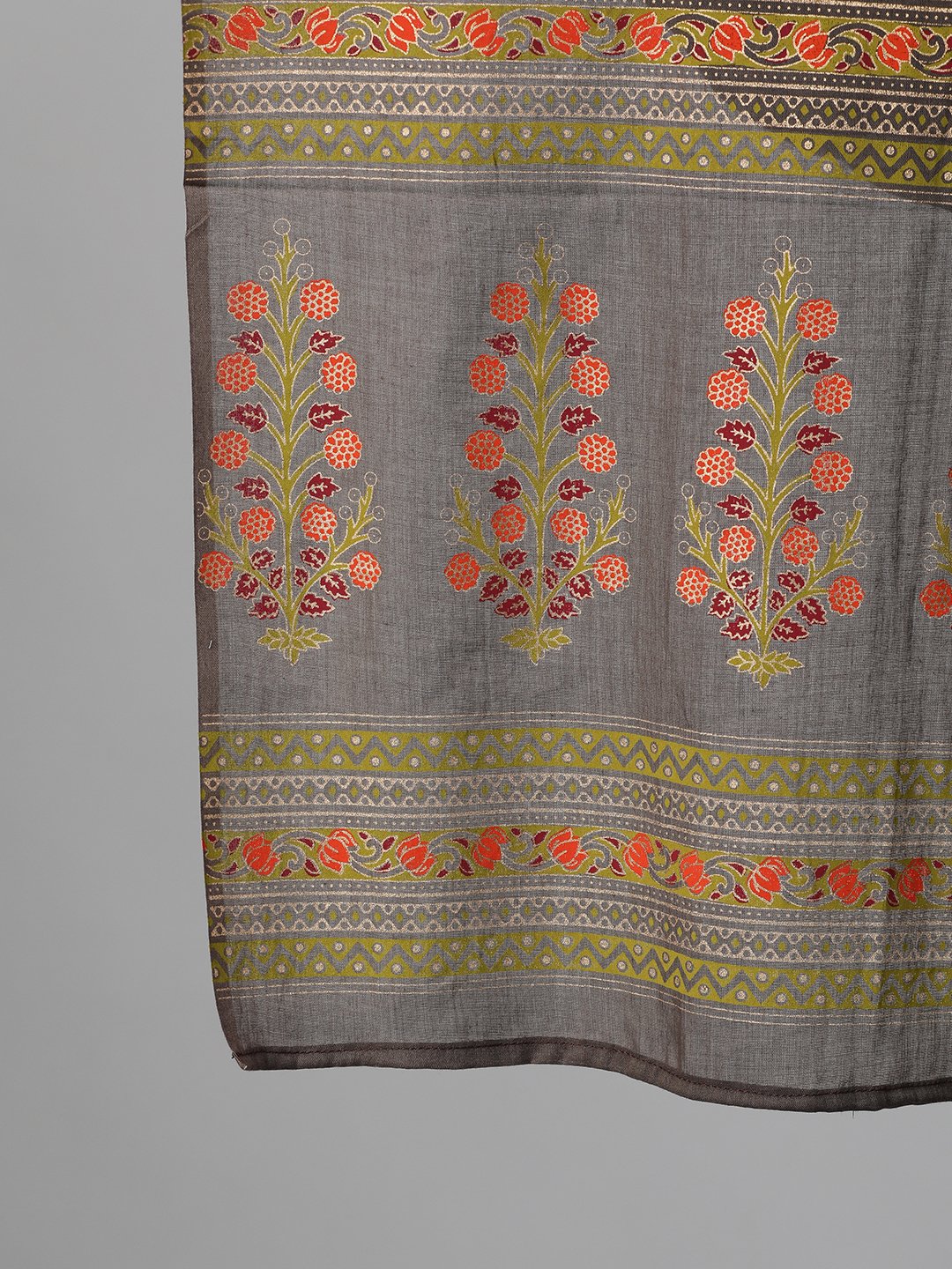 Women Grey and Orange Gold Printed Three-Quarter Sleeves Straight Kurta With Palazzo and Dupatta with pockets And Face Mask | NOZ2TOZ - Made In INDIA.