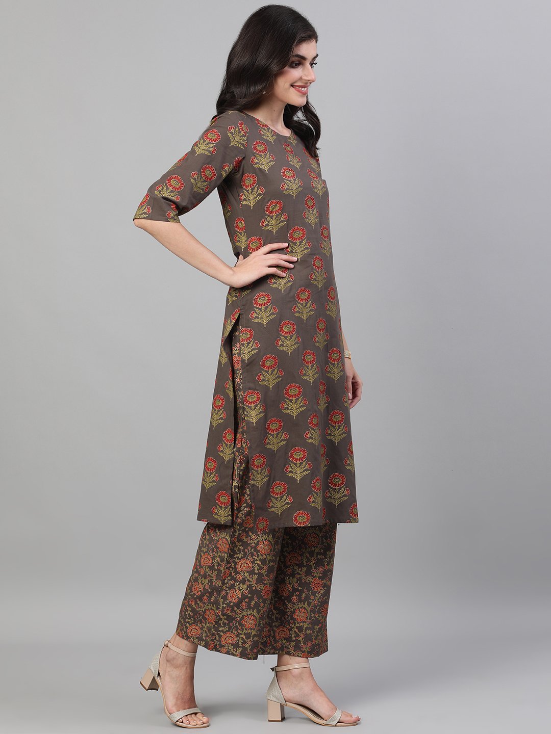 Women Grey and Orange Gold Printed Three-Quarter Sleeves Straight Kurta With Palazzo and Dupatta with pockets And Face Mask | NOZ2TOZ - Made In INDIA.