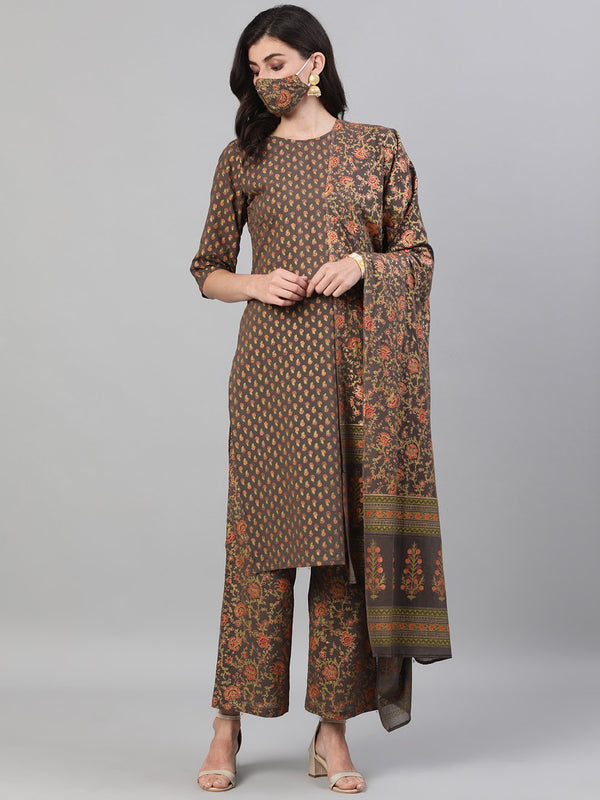 Women Grey and Orange Gold Printed Three-Quarter Sleeves Straight Kurta With Palazzo and Dupatta with pockets And Face Mask | NOZ2TOZ - Made In INDIA.