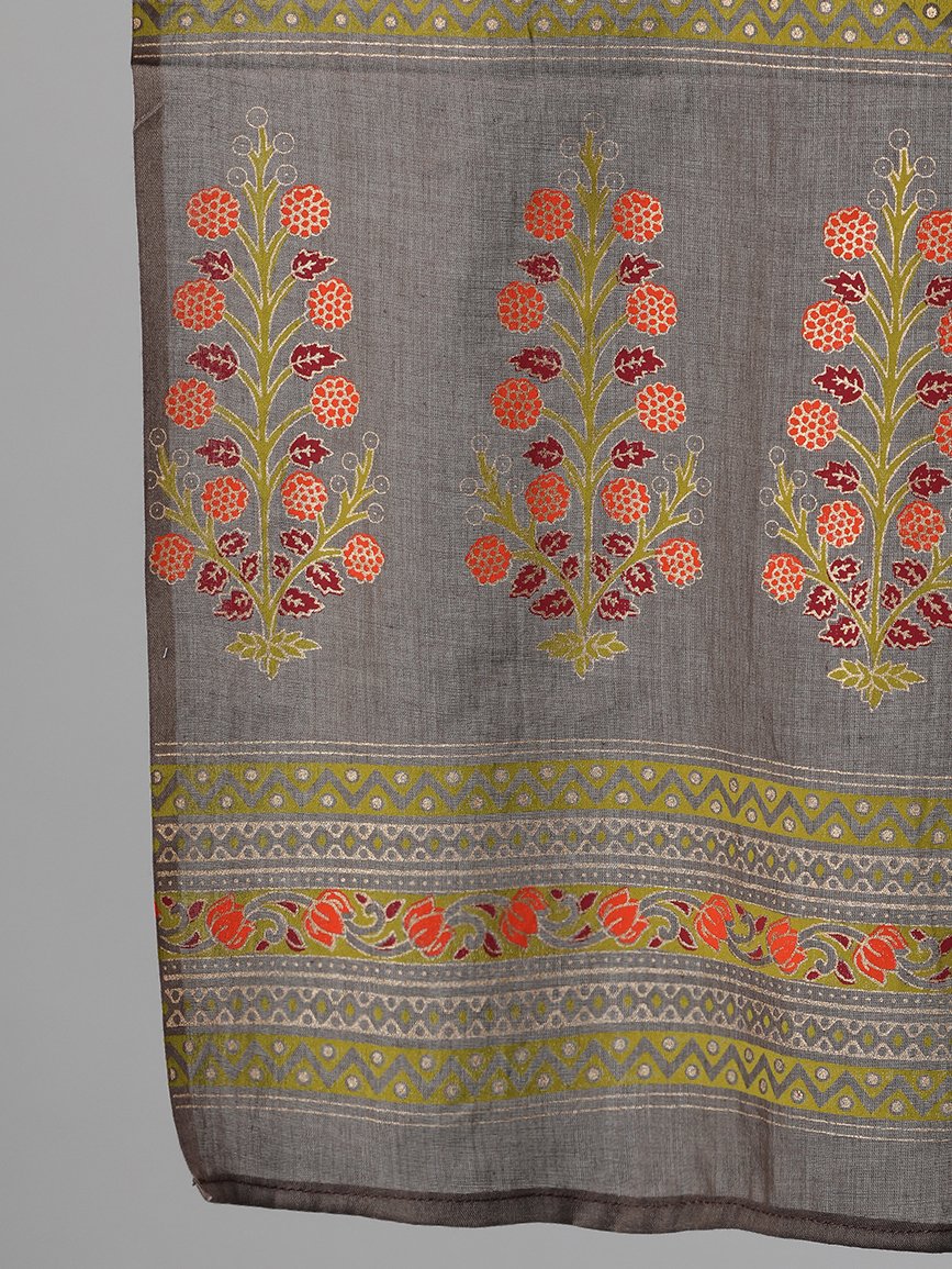 Women Grey and Orange Gold Printed Three-Quarter Sleeves Straight Kurta With Palazzo and Dupatta with pockets And Face Mask | NOZ2TOZ - Made In INDIA.