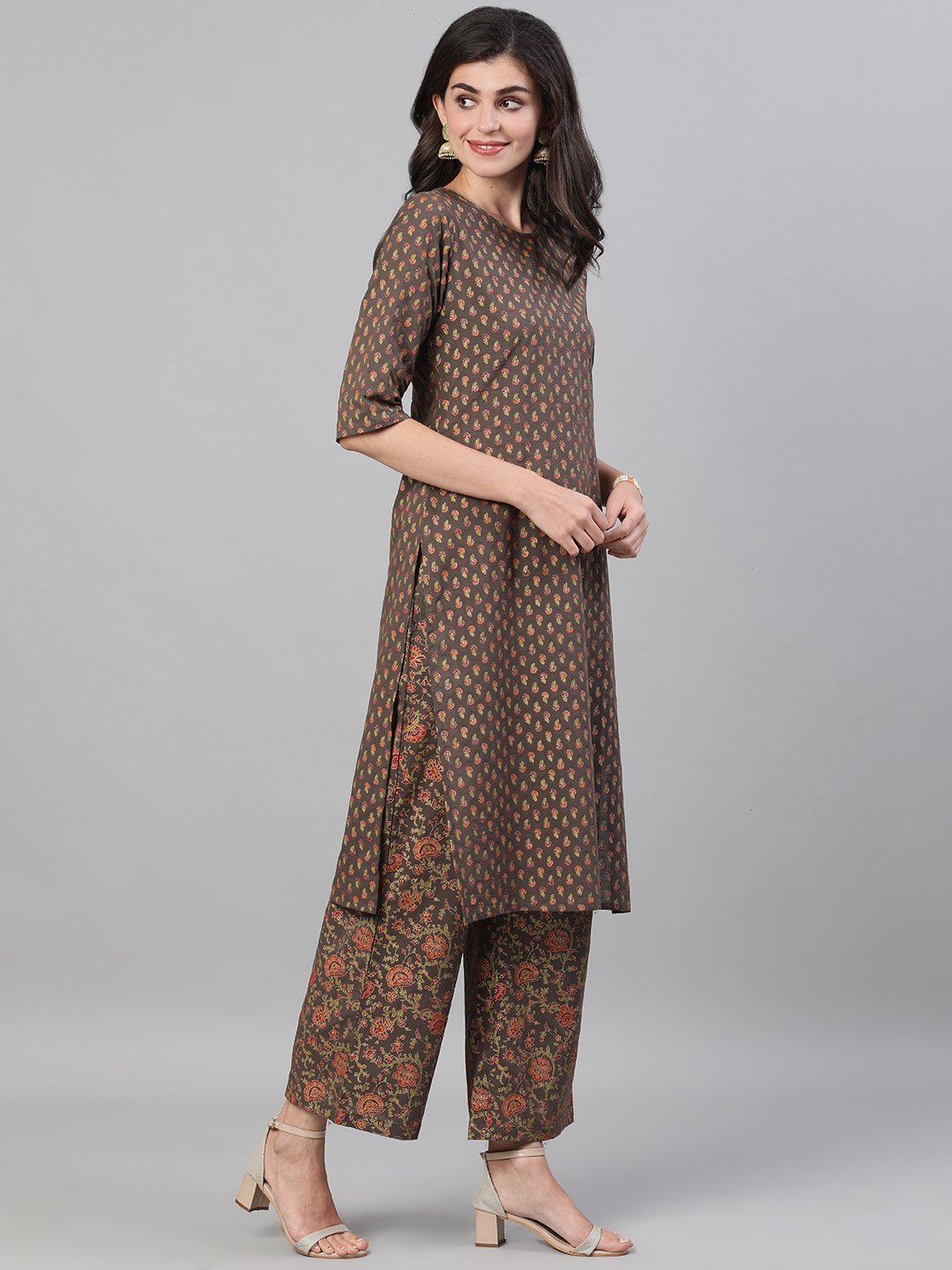 Women Grey and Orange Gold Printed Three-Quarter Sleeves Straight Kurta With Palazzo and Dupatta with pockets And Face Mask | NOZ2TOZ - Made In INDIA.