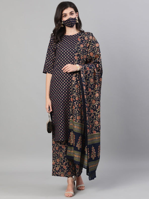 Women Blue and Orange Gold Printed Three-Quarter Sleeves Straight Kurta With Palazzo and Dupatta with pockets And Face Mask | NOZ2TOZ - Made In INDIA.